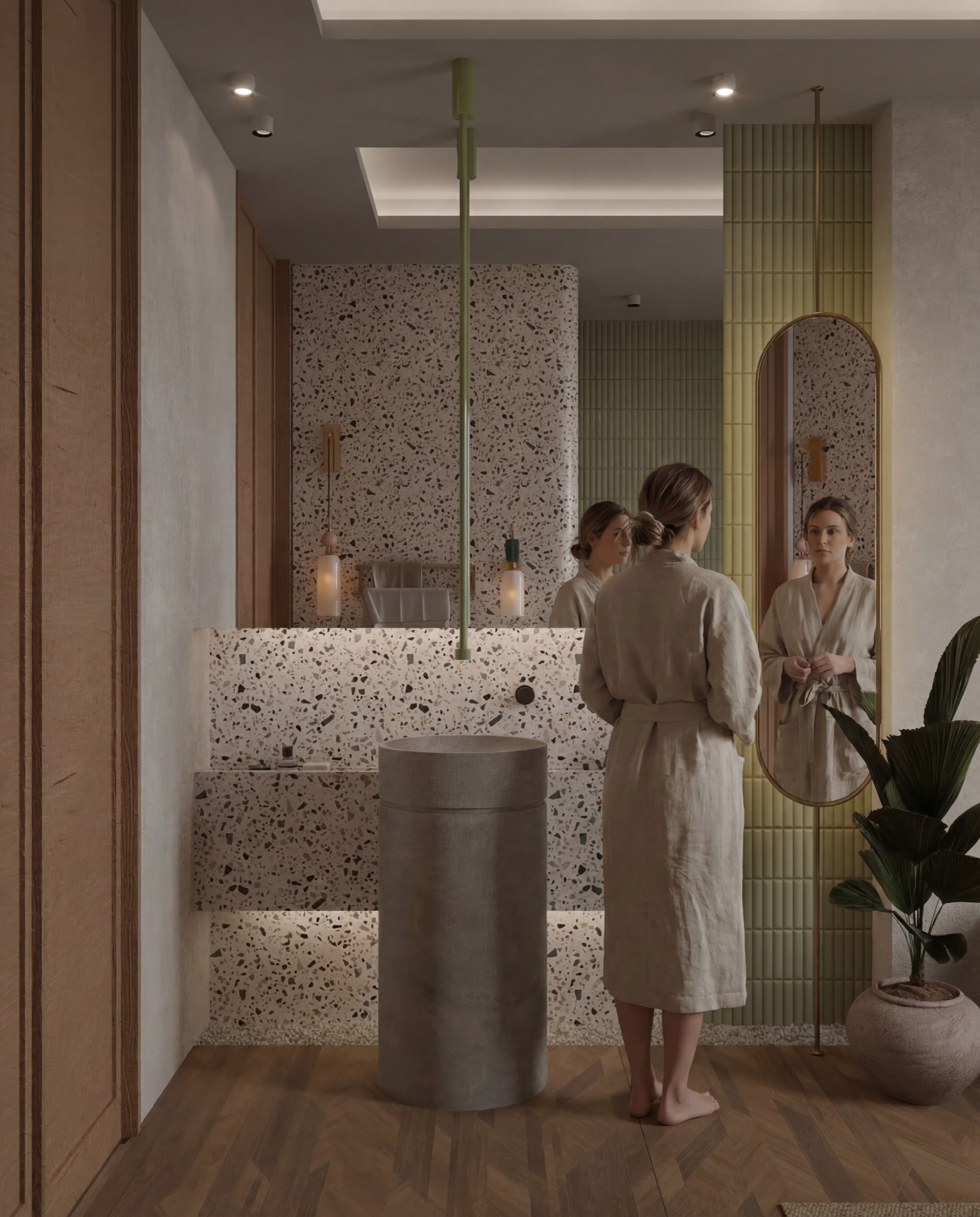 Terrazzo ve yeşil seramik yüzeylerle banyo tasarımı