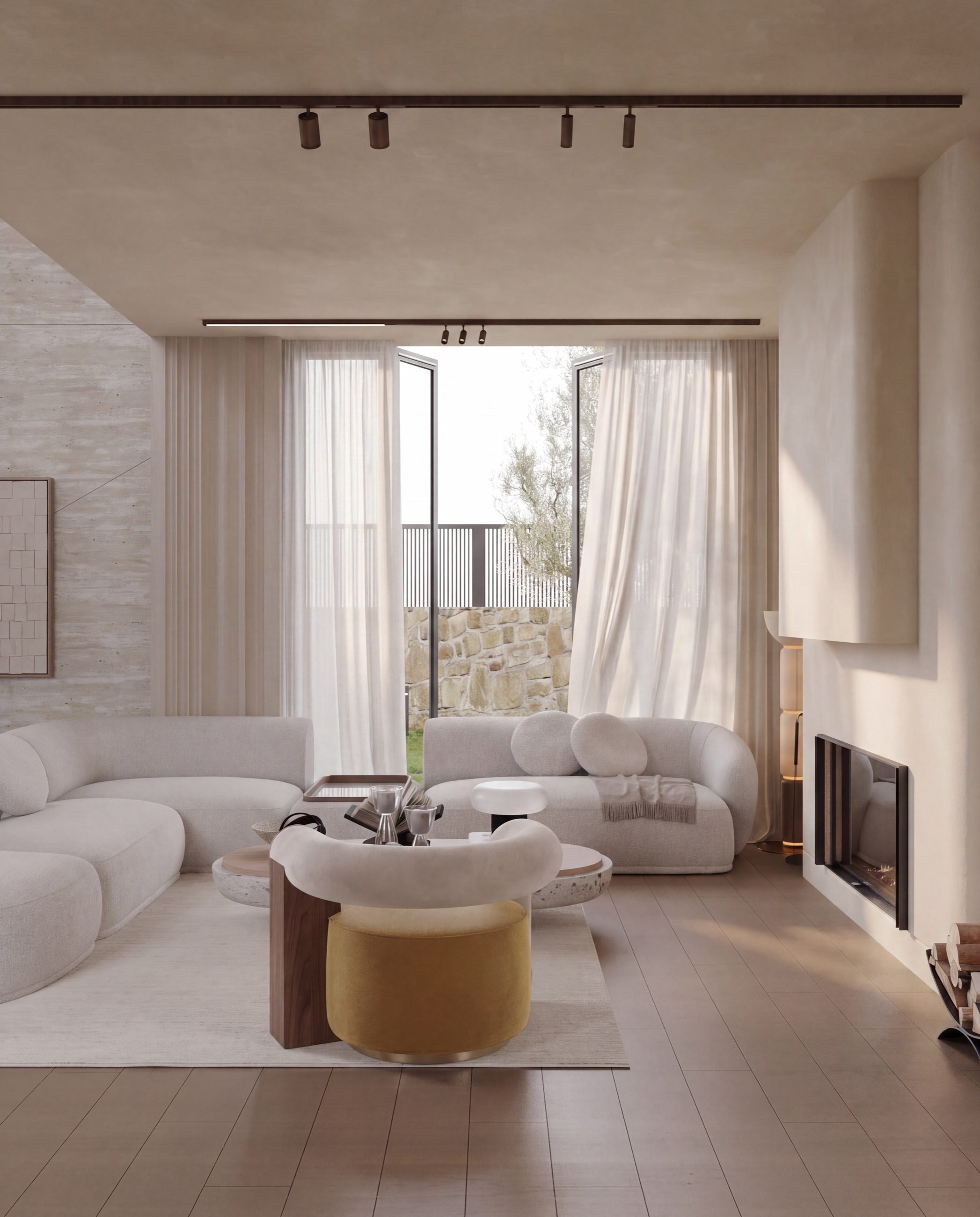 Açık tonlu mobilyalar ve doğal taş yüzeylerle Edirne villa salonu